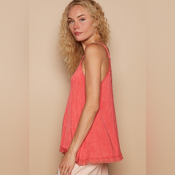 POL Coral Orange Lace Cami Top | Spaghetti Straps | Lace Trim - Picture 3 of 4